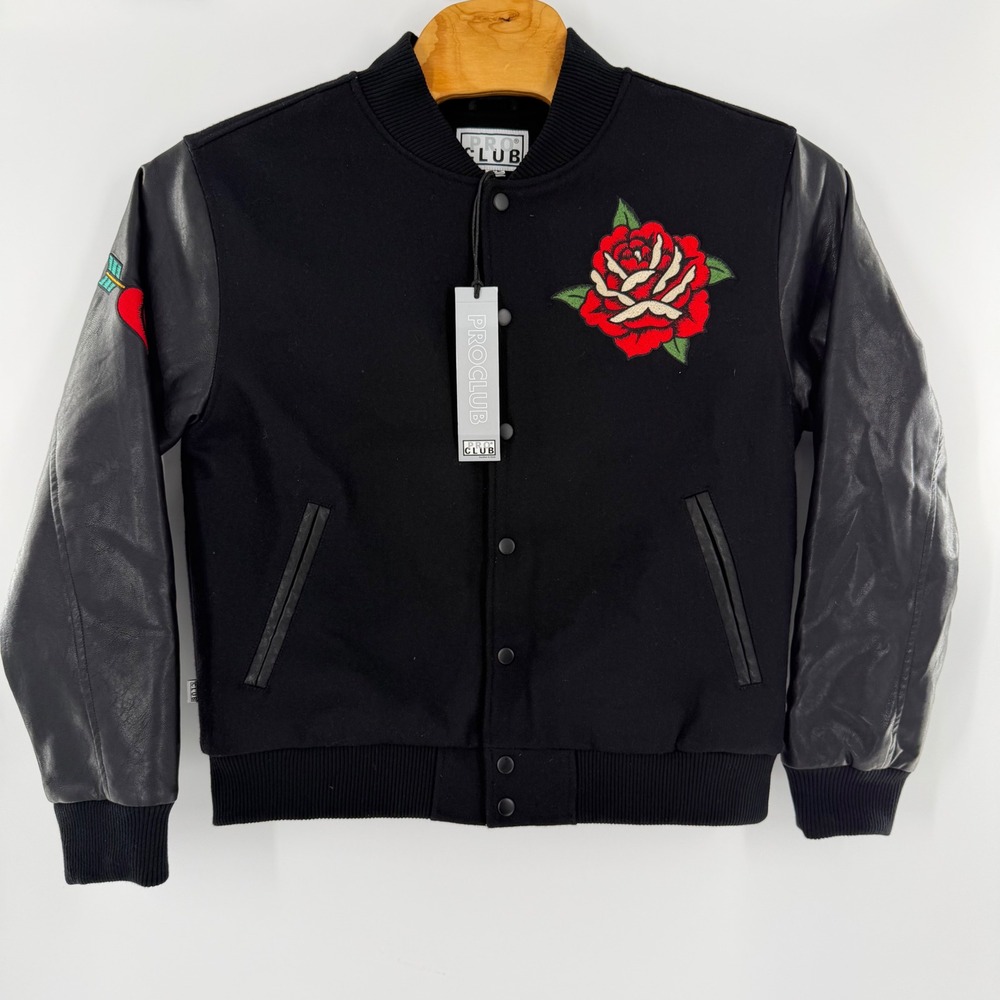 Pro Club Cuco Ridin' Varsity Jacket Black Leather Sleeves Embroidered Rose Angel
